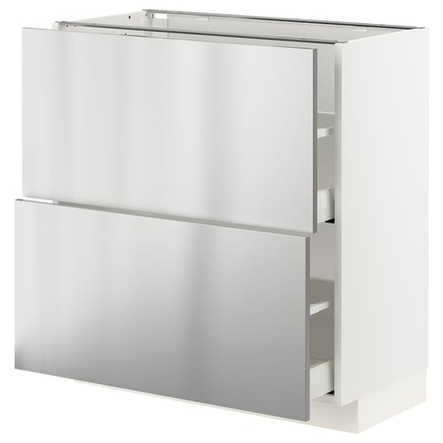 A modern, white kitchen cabinet with stainless steel finish, featuring two drawers and a spacious countertop. It has a sleek, industrial design.