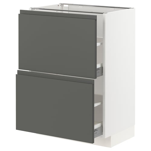 Modern kitchen unit with dark grey drawers, white frame, sleek handles.