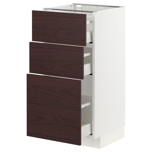 Modern kitchen cabinet with three dark brown drawers, sleek design, sturdy white frame.