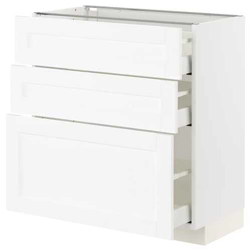 White METOD kitchen cabinet with wooden grain, three drawers, modern design.