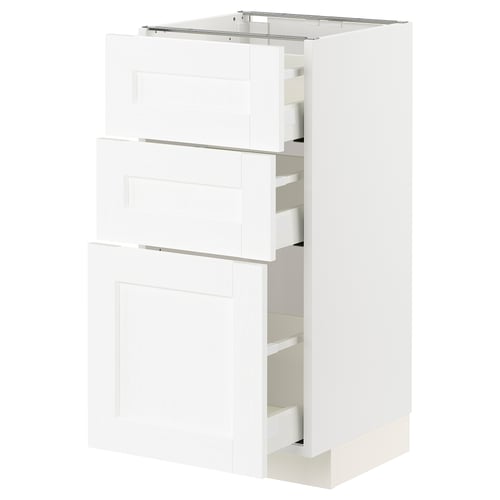 METOD white kitchen unit with three drawers, sleek white finish, sturdy design.