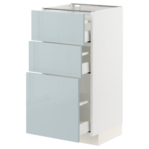 Modern METOD kitchen cabinet with grey-blue glossy drawers.
