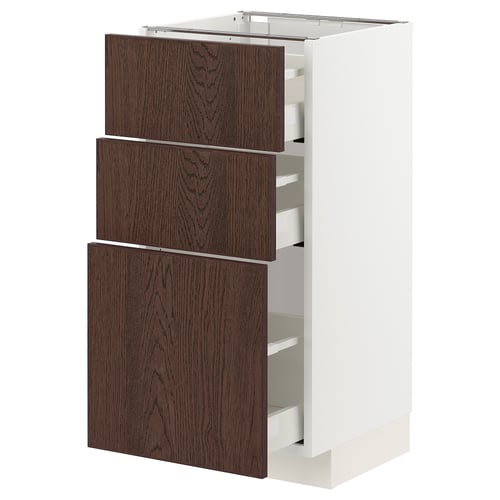 Brown and white METOD kitchen cabinet with three dark wood drawers. Alternatively: METOD kitchen cabinet: 3 dark wood drawers, modern design.