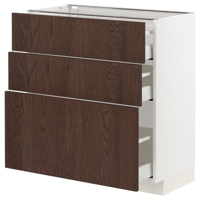 Modern kitchen cabinet, METOD series, white & dark oak, three drawers, sleek design.