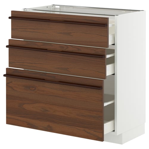 METOD drawer unit with dark brown stensna fronts, five drawers, sturdy build, ash veneer, rectangular shape.