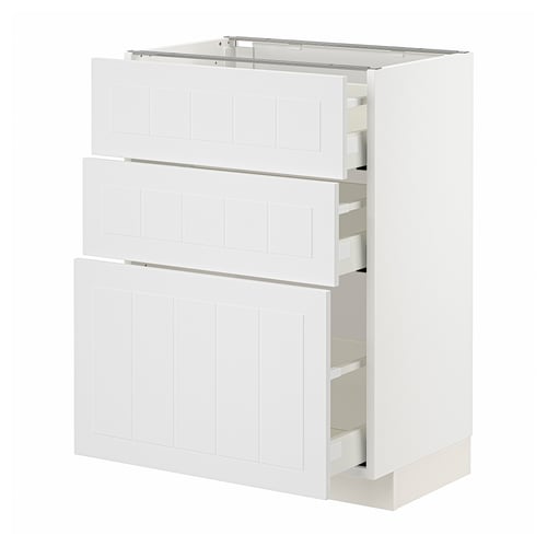 White METOD kitchen cabinet with three drawers and two doors.