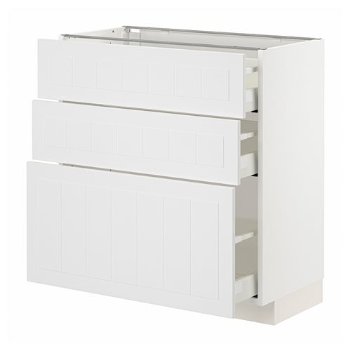 White METOD kitchen unit with three drawers and three doors.