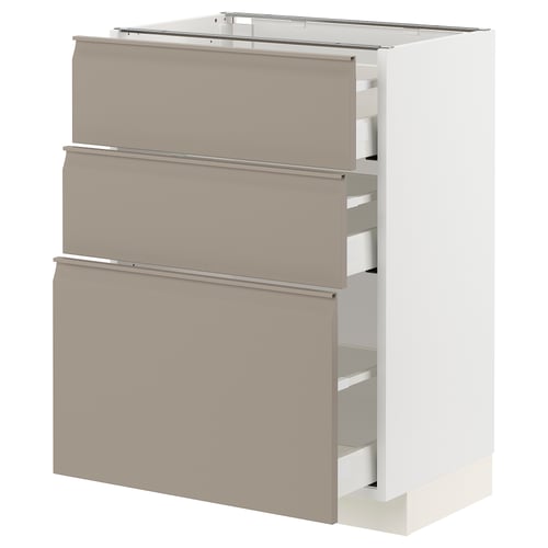 Modern kitchen cabinet: METOD with upplöv matte grey-beige drawers, sleek handles, and white base.
