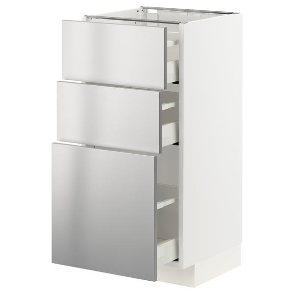 METOD / MAXIMERA Base cabinet with 3 drawers, white/Vårsta stainless steel, 40x41x80 cm