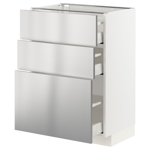 METOD / MAXIMERA Base cabinet with 3 drawers, white/Vårsta stainless steel, 60x41x80 cm