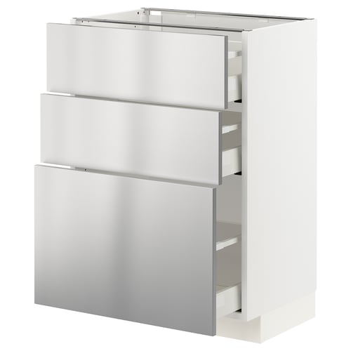 A white METOD kitchen cabinet with stainless steel vårsta drawer fronts, offering a sleek, industrial design.