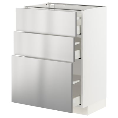 METOD / MAXIMERA Base cabinet with 3 drawers, white/Vårsta stainless steel, 60x41x80 cm