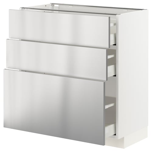 METOD kitchen unit, white with stainless steel doors, three drawers, modern design.