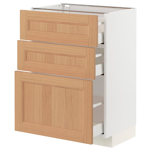 METOD / MAXIMERA Base cabinet with 3 drawers, white/Vedhamn oak, 60x41x80 cm