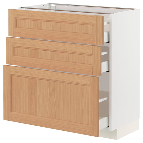 Wooden kitchen cabinet, 3 drawers, natural oak finish, modern design.