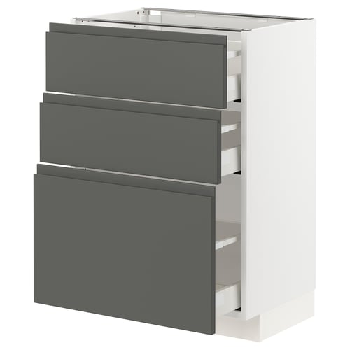 A modern kitchen cabinet from IKEAs METOD system, featuring three dark grey drawers with a sleek, handle-less design and a white frame.