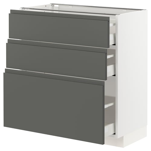 An ikea METOD kitchen unit in dark grey with three drawers. It has a modern, sleek design with no visible handles, offering ample storage space.