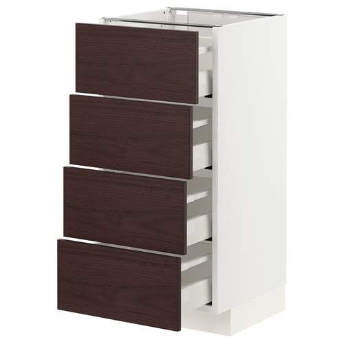 White METOD kitchen cabinet, dark brown drawers, modern design.