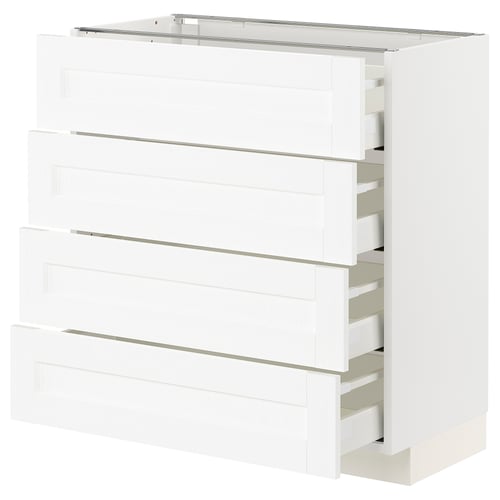 White METOD kitchen unit with four open drawers, clean lines, modern look.