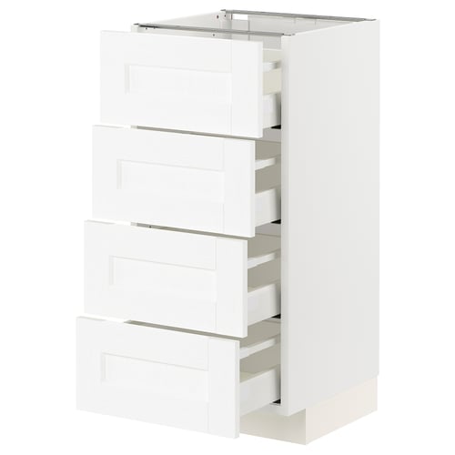 A white METOD kitchen cabinet with multiple drawers, ideal for storage.