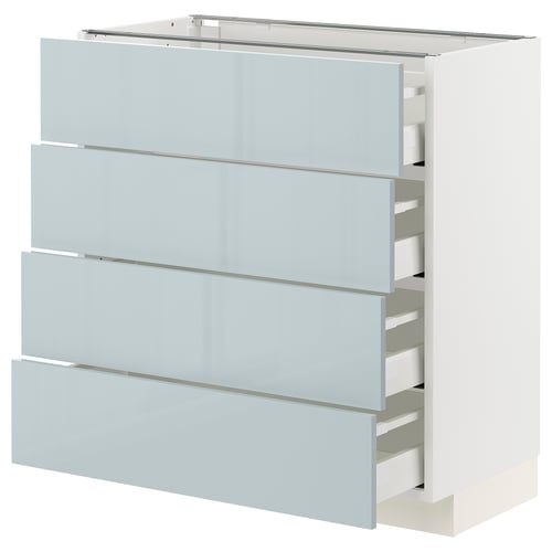 Modern gray-blue kitchen cabinet with four smooth, soft-close drawers, sleek high-gloss finish.
