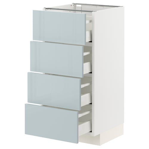METOD kitchen unit: grey-blue glossy drawers, white base, rectangular shape, modern design.