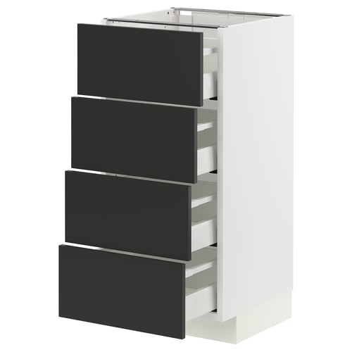 METOD kitchen unit with four black nickebo drawers. White frame with sleek modern design.