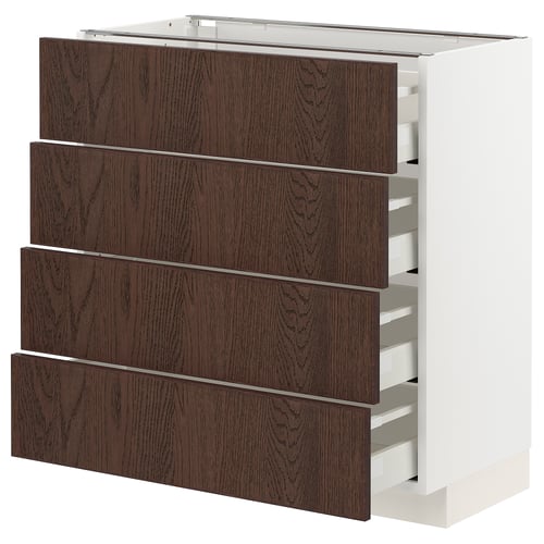 Dark brown wooden drawers on white cabinet, modern kitchen storage unit.