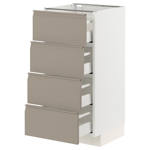 Modern tall kitchen cabinet with four beige-gray drawers and smooth steel handles.