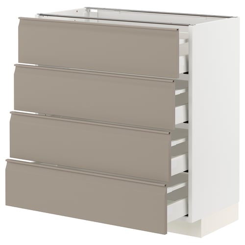 Modern kitchen cabinet with sleek grey-beige drawers, smooth edges, and sturdy metal runners.