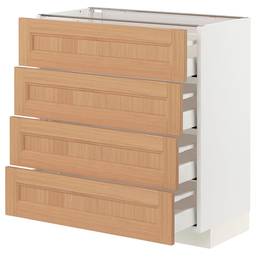 A METOD kitchen cabinet with four wooden drawers in light brown. The cabinet is white with a modern design.