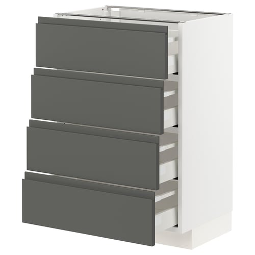 Modern white kitchen unit with four grey drawers, sleek and minimalist design.
