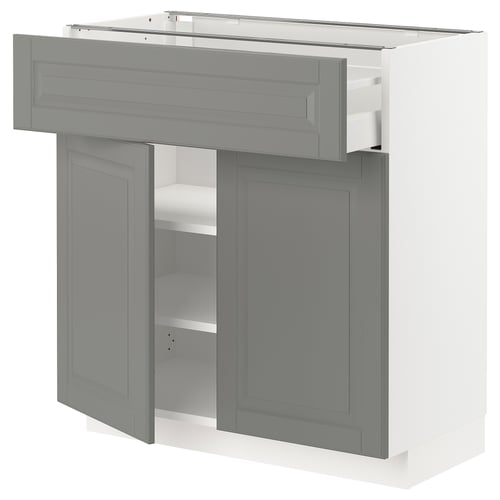 METOD kitchen unit in grey with bevelled edges, featuring adjustable shelves and a drawer.
