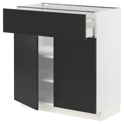 A modern, black-and-white kitchen cabinet set from the METOD series, with a sleek matt black finish and adjustable shelves.