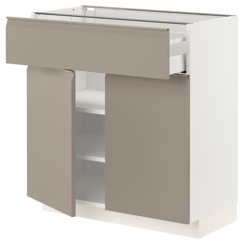 A modern kitchen cabinet, the METOD in matte grey-beige with integrated handles and adjustable shelves.
