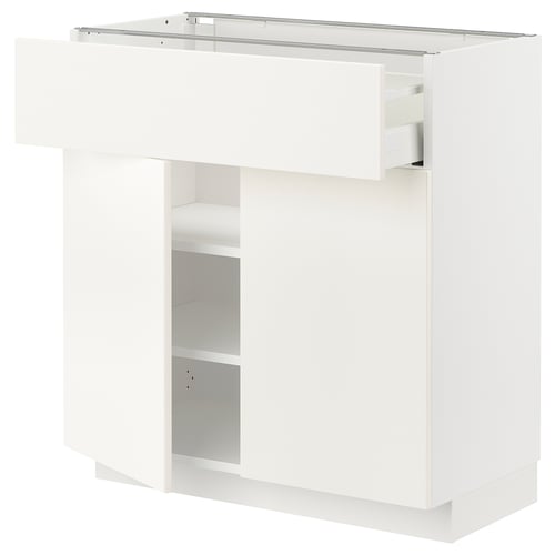 White METOD kitchen unit with shelves and drawer, modern design.