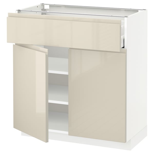 METOD / MAXIMERA Base cabinet with drawer/2 doors, white/Voxtorp high-gloss light beige, 80x41x80 cm
