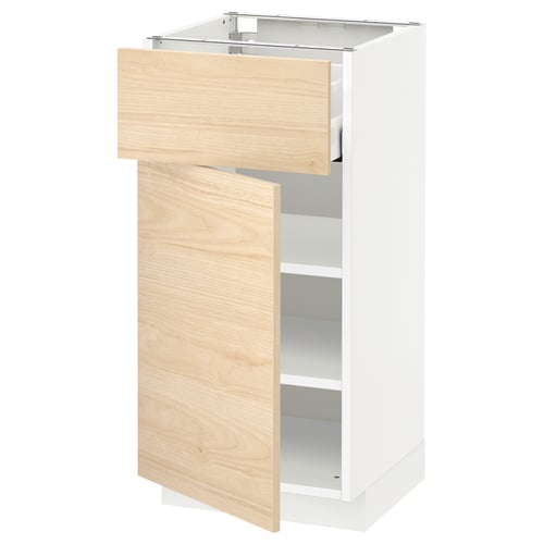 Wooden and white cabinet with drawer; modern, natural design.
