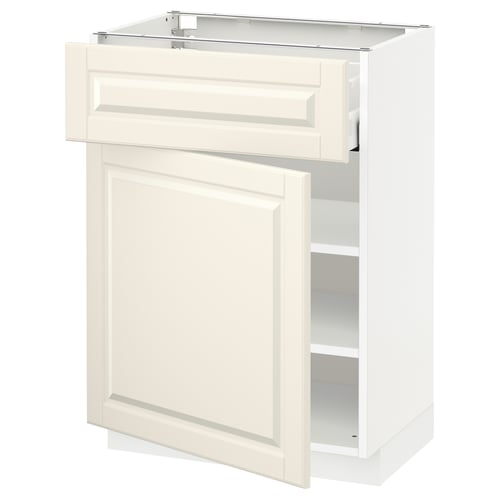 White off-white METOD kitchen cabinet with drawer and shelf.
