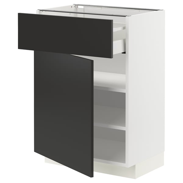 METOD / MAXIMERA Base cabinet with drawer/door, white/Nickebo matt anthracite, 60x41x80 cm