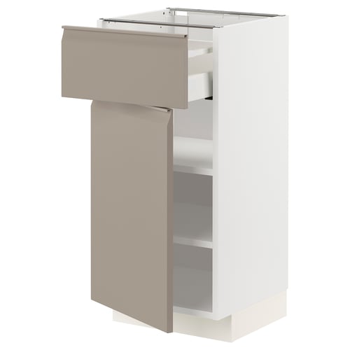 Modern kitchen cabinet in white with grey-beige drawer, sleek handle, and open shelves.