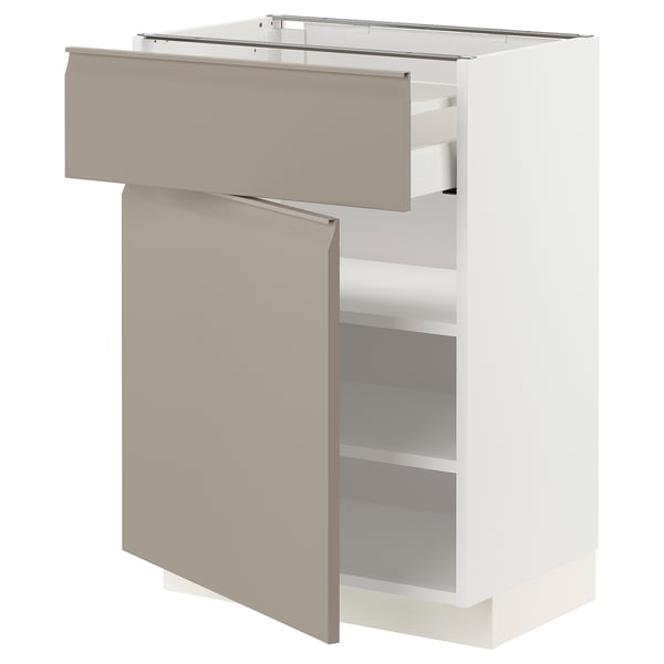 METOD / MAXIMERA Base cabinet with drawer/door, white/Upplöv matt dark beige, 60x41x80 cm