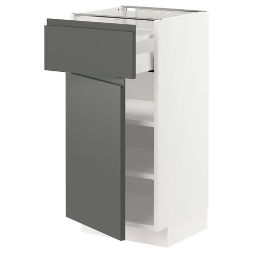 METOD modern kitchen unit in white and dark grey with drawer and shelves.