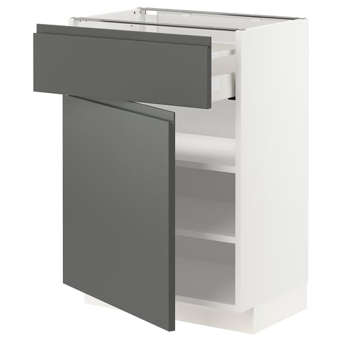 Modern kitchen unit, white with grey drawer and door, sleek minimalist design.