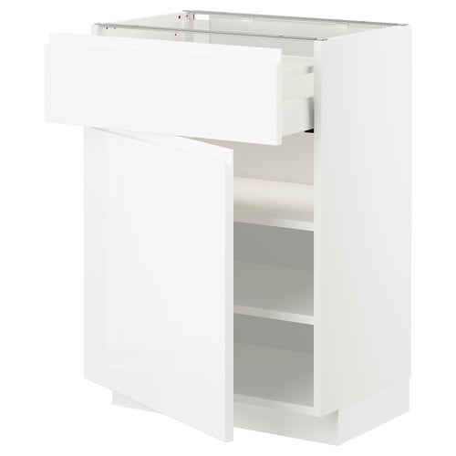 Depicts a white METOD kitchen cabinet with a high gloss finish, featuring a drawer and adjustable shelves.