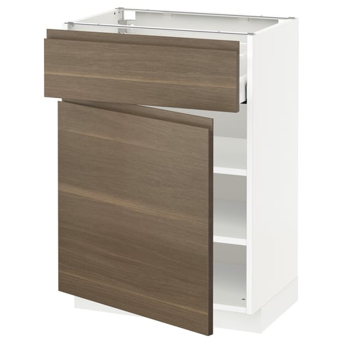 A modern kitchen unit, the METOD, with walnut-colored doors and a white frame, featuring integrated handles and adjustable shelves.
