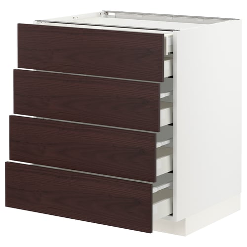 Modern kitchen unit, white with dark brown wood drawers, five full-extension drawers, sleek design.