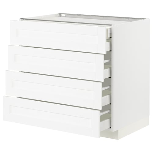 White METOD kitchen cabinet with four drawers, sleek design, metal handles.