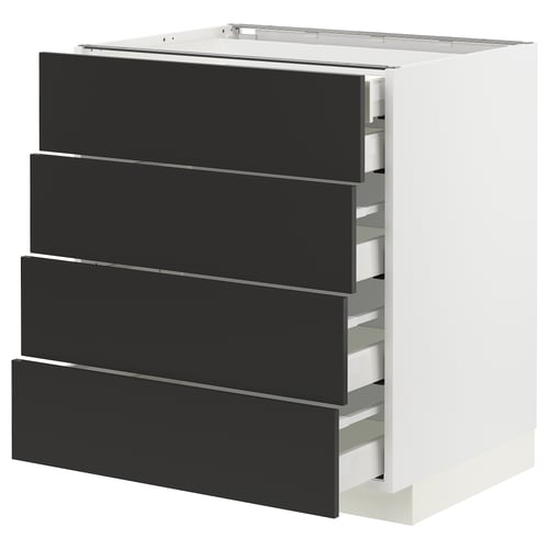 Modern kitchen cabinet with four matt black drawers, sleek and stylish, featuring full-extension drawer runners. White frame, minimalist design.