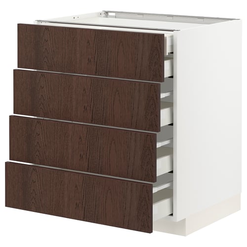 Modern white cabinet with four dark wood drawers, sleek and minimalist design.